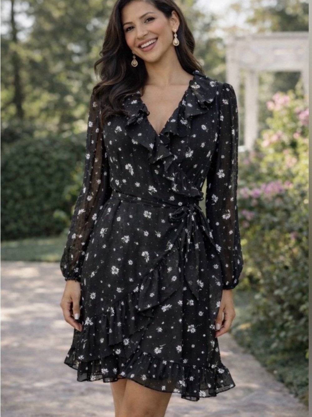 Black Floral Ruffle Wrap Dress with Long Sleeves
